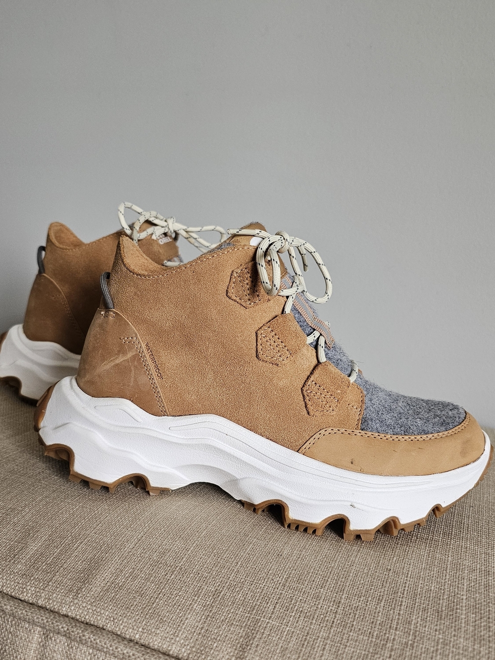 Sorel Tan Suede and Gray Wool Platform Sneakers with White Sole